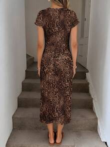 SHEIN LUNE Knitted Leopard Print Elegant Sexy Daily Wear Waist Twist High Slit Sleeveless Midi Dress For Women Going Out Brown Summer - Multicolor - View 2