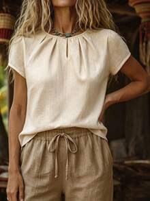 EMERY ROSE Kemeja Pullover Wanita Kasual Musim Semi Aprikot Musim Panas Pas Badan Nyaman Elegan - Khaki - View 4