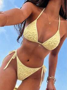 Swim Mod Women Yellow Floral Textured Bikini Set,Summer Casual Beach Holiday Vacation Spaghetti Strap Halter Backless Drawstring Side Two Piece Bathing Suit - Yellow - View 1