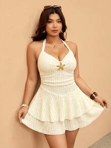 Elaquor Conjunto de traje de baño de mujer talla grande con textura, decoración de estrella de mar de metal, dobladillo fruncido de doble capa y cuello halter - Beis - Ver 6