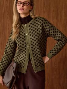 SHEIN Vintage Geo Pattern Contrast Trim Button Front Cropped Knit Cardigan Round Neck Long Sleeve Brown Green Textured Sweater Jacket - Green - View 3