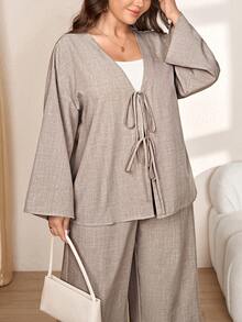 Comfylo Plus Size Casual Modest Elegant Soft Form Loose Shirt And Pants 2 Pieces Set Autumn Brunch Morning Formal Office Two Toned Grey - Khaki - View 6