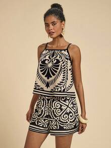 SHEIN PETITE CURVE Plus Size Women's Black White Print 2-Piece Casual Set, Beige, Summer, Boho, Vacation, Holiday, Beach Vacation, Beach Vacation Outfits, Bohemian Style - Black - View 4