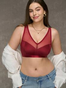 SHEIN Sujetador sin aros de talla grande y estilo minimalista curvo, color rojo vino, con elevación - Burdeos - Ver 4