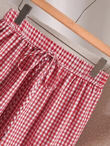 Story & Sage Women's Casual Cute Loose Plaid Ruffle Hem Shorts, Suitable For Spring/Summer Vacation Going Out Party Red And White Plaid - Red and White - View 4