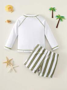 SHEIN 2pcs Baby Boy Summer Casual Vacation Swimwear Set, Includes Swimsuit Top And Striped Swim Trunks/Shorts, Suitable For Beach, Pool, Spa - Multicolor - View 2