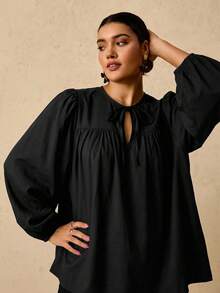 Travachic Plus Size Women's Long Sleeve Round Neck Tie Front Solid Black Bohemian Style Elegant Blouse, Lantern Sleeve Outing Top, Beach Office Vacation Fall - Black - View 2