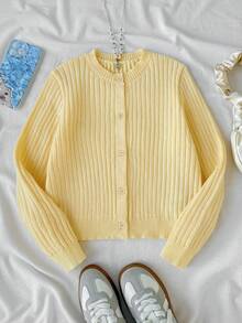 Cárdigan de niña preadolescente otoño/invierno nuevo color crema amarillo con textura acanalada - Amarillo - Ver 1