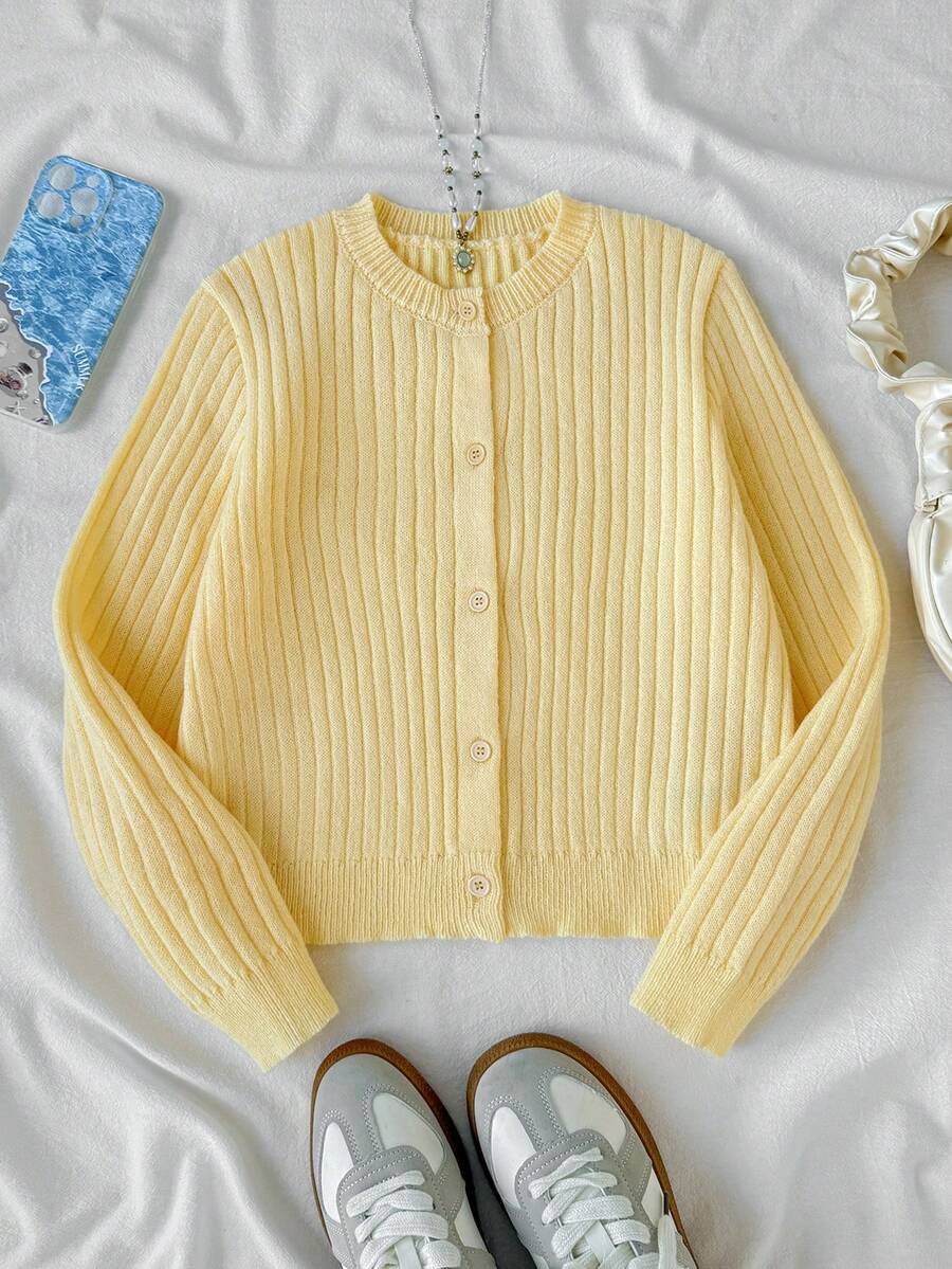 Cárdigan de niña preadolescente otoño/invierno nuevo color crema amarillo con textura acanalada - Amarillo - Ver 1