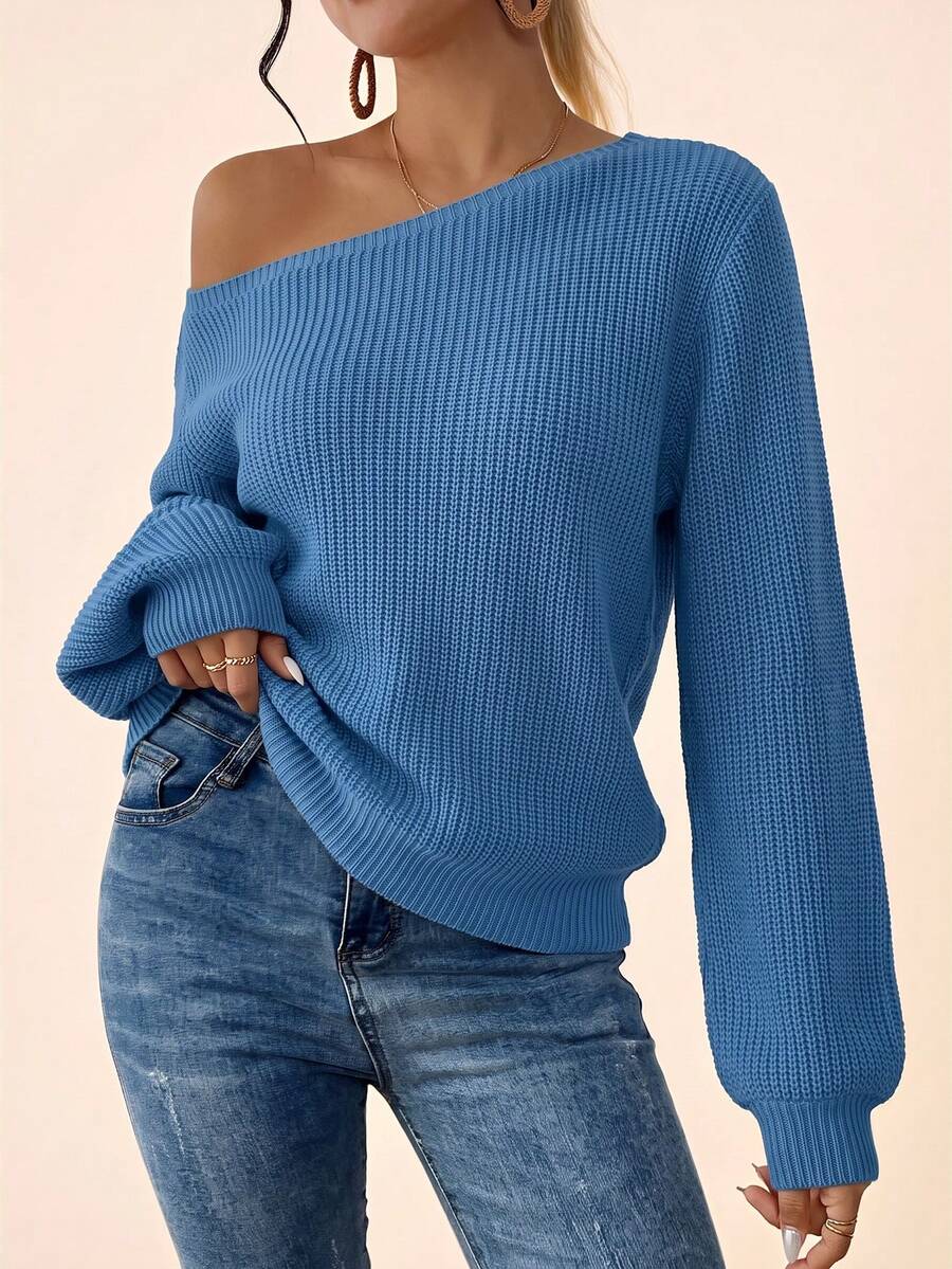 Coeurva Women's Minimalist Versatile Solid Color Asymmetrical Shoulder Pullover Sweater - Blue - View 1