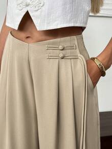 Easowa Asymmetrical Waistband Button Detail, Pleated Waist, Wide Leg High Waist Long Pants, Casual Elegant Autumn Women's Office Bar Party Khaki - Khaki - View 7