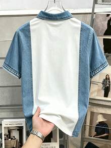 Daypath Men's American Vintage Denim Effect Patchwork Short Sleeve POLO Shirt, Contrast Color Denim Effect Patchwork, Vintage California Style, This One Lets You Easily Wear Street High-End Sense, Suitable For Fashionable Young Men Who Pursue Individuality, Love American Vintage Or Cargo Style Style, And Pay Attention To Design - Multicolor - View 2