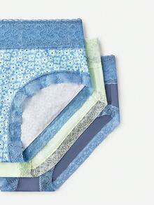 LUVLETTE Plus 3-Pack Lace Trim Cotton High-Waist Briefs Women Underwear Panties Set- Floral Print Lace Trim--Blue - Multicolor - View 11