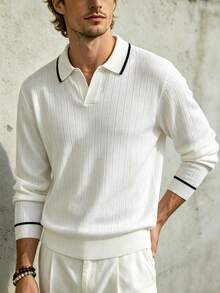 TONEVAULT Men's Autumn Casual Color Block Trim Sweater - White - View 5