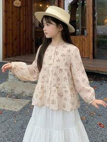 DAZY Blusa de cuello redondo con estampado floral lindo de manga larga para otoño para niñas jóvenes - Beis - Ver 3