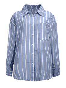 SHEIN LUNE Plus Size Women's Striped Single-Breasted Casual Tropical Versatile Everyday Outing Shirt Autumn Vacation Light Blue Formal - Multicolor - View 3