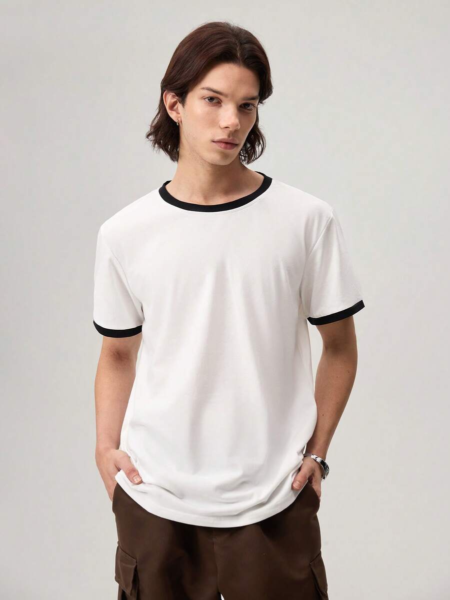 Vaulklash Men Short-Sleeved T-Shirt With Contrast Color And Edging For Casual And Everyday Spring And Summer, For Going Out, For Friends - White - View 1