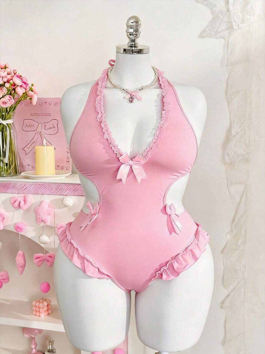PetitDoll 1件大尺碼性感甜美牛奶絲蕾絲荷葉邊掛脖式連身衣 女款 - 粉色 - 查看 1