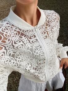 DAZY Women's Loose Lace Crew Neck Regular Jacket Day Party Rave White Summer Elegant - White - View 8