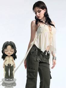 Sweetness Spring Summer Autumn Women's Sexy Fairy Fairycore Hollow-Out Chiffon Tank Top With Front Pocket Asymmetrical Hem Night Out Holiday Cream White - Apricot - View 1
