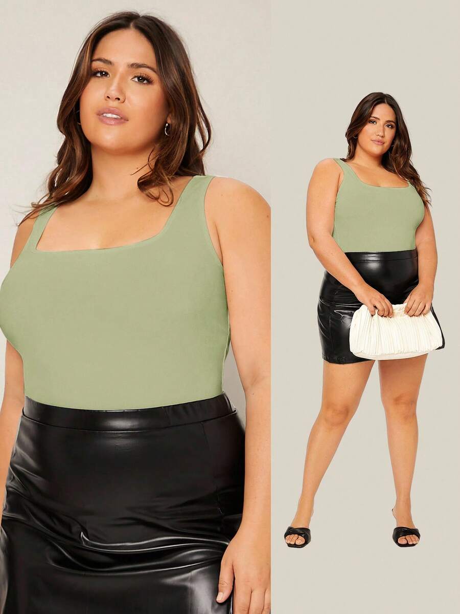 SHEIN BASICS Camiseta de tirantes de cuello redondo liso para verano, talla grande - Verde - Ver 1