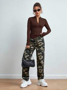 SHEIN EZwear 女款 Y2K 拉鍊拇指孔黑色夾克，秋冬款 - 咖啡棕 - 查看 7