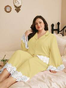 Côtesoire Elegant Plus Size Women's Contrast Lace Single-Breasted Blouse And Pants Puff Ruffle Pajama Set - Yellow - View 4