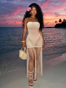 Slaydiva White Strapless Crochet Mesh Hollow Out Fringe Hem Maxi Dress - Sexy Boho Beach Vacation Club Dress Summer - Apricot - View 5