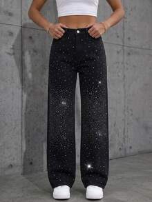 SHEIN ICON Women's Casual Washed Rhinestone Decorated Jeans Women's Fall Teacher Pants - Black - View 4