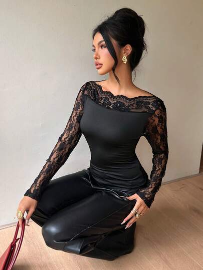 Siren Gaze Black Lace-Panel Fitted Top – Women's Slim-Fit Long-Sleeve Off-Shoulder Base Layer (Date/Party Wear; Slimming Style For Spring & Autumn)