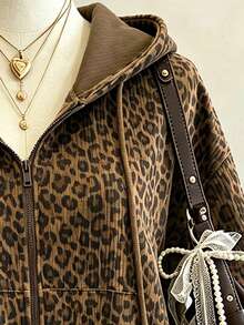 Lalippa Sweatshirt Wanita Minimalis Berkerudung dengan Resleting Motif Leopard Digital Print, Hadiah untuk Teman - Dark Grey - View 3