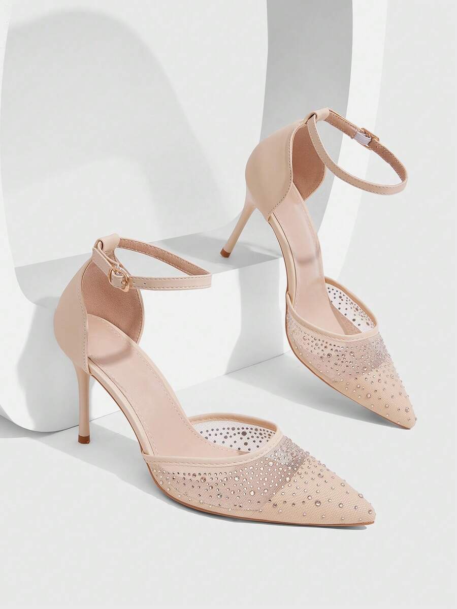 CUCCOO SZL Women Shoes New Mesh Hot Diamond Pointed Thin Heel Buckle Sandals Light Ripe Fairy Wind Spring And Summer Models Suitable For Weddings, Dating Parties - Beige V - View 1