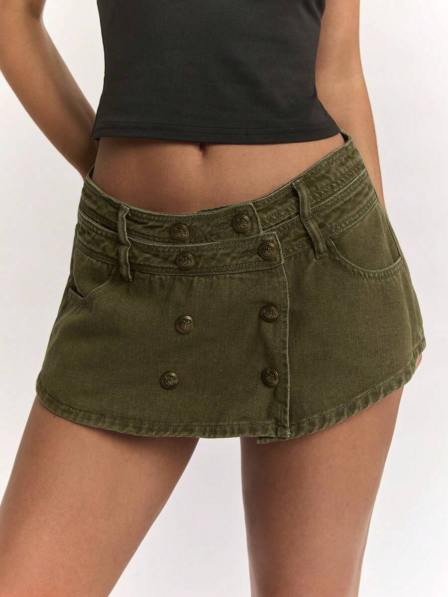 SHEIN BAE 女款夏季休閒水洗雙排扣牛仔短褲 - 軍綠色 - 查看 1