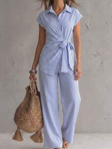 SHEIN Holidaya Blue And White Stripe Striped Bow-Tie Front Shirt And Straight Leg Pants 2-Piece Set For Women Vacation Summer Coastal Elegant - Blue and White - View 1