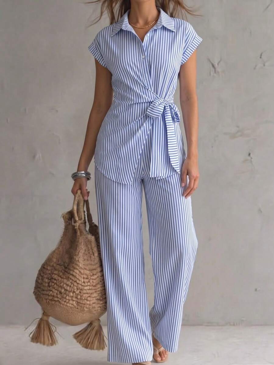 SHEIN Holidaya Blue And White Stripe Striped Bow-Tie Front Shirt And Straight Leg Pants 2-Piece Set For Women Vacation Summer Coastal Elegant - Blue and White - View 1