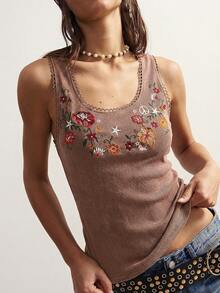 Bohemela Casual Boho Solid Color Knit Sleeveless Fitted Embroidered Tank Top For Women Vacation Brown Floral Summer - Brown - View 5