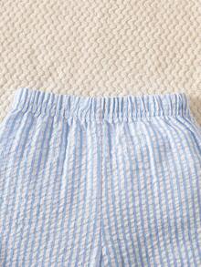 SHEIN 女嬰休閒學院風白色翻領長袖刺繡棉質上衣與藍色條紋長褲套裝，適合秋季返校 - 藍色 - 查看 7