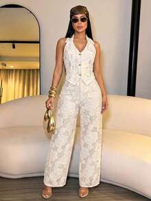 SOLERSUN Elegant Commute Birthday Party Outing Suit Set, Premium Jacquard Fabric, Women's Spring/Summer Cream - Apricot - View 4
