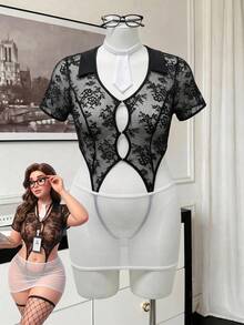 Spicy Aura Sexy Series Lace Sheer Cutout Plus Size Lingerie Costume 3pcs Set - Multicolor - View 3