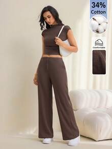 SHEIN Tall 女款純色立領短袖上衣與長褲休閒兩件套 - 棕色 - 查看 4