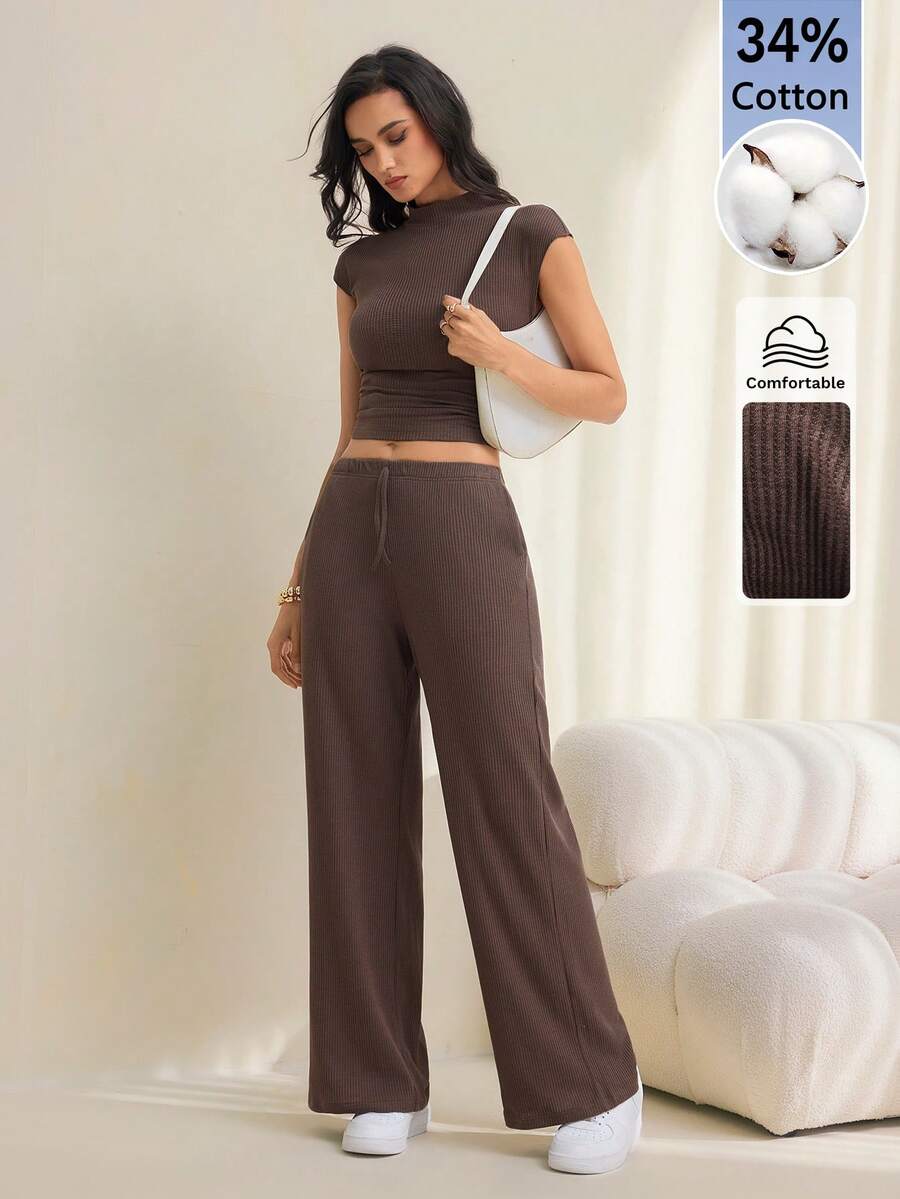 SHEIN Tall Women's Solid Color Stand Collar Cap Sleeve Top And Pants Casual 2 Pieces Set - Brown - View 1