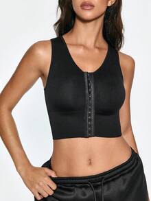 SHAPORA Women's Adjustable Front Hook Seamless Shapewear Tank Top, No Padding, Solid Color, Slimming Body-Shaping, Wearable As Outerwear, 1pc - Black - View 2