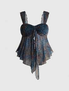 ROMWE Avant Y2K Wild Hippie Leopard Print Paisley Pattern Mesh Loose Hem Square Neck Top - Blue - View 1