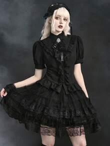 ROMWE Dark Gothic Court Style Lace Trim Stand Collar Petal Sleeve Slim Fit Blouse - Black - View 6