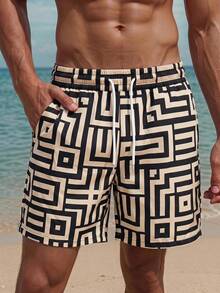 Azuldrift Men's Casual Geometric Print Drawstring Waist Pocket Beach Shorts - Beige - View 2