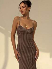 Aloruh Spring/Summer Brown Striped Print Vacation Spaghetti Strap Tie-Up Fitted Sexy Women's Dress, Early Autumn Versatile Inner Layer Dress - Brown - View 7