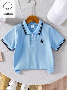 SHEIN Genkimix Kids 男童Polo衫，蓝色针织棉Polo衫，翻领马匹印花，黑色条纹休闲舒适上衣，夏季新品系列 - 藍色 - 查看 4