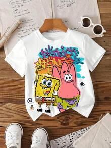 SpongeBob SquarePants | SHEIN 小男孩字母卡通印花短袖T恤 - 白色 - 查看 1