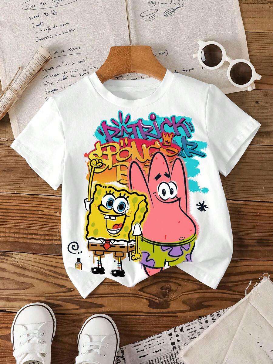 SpongeBob SquarePants | SHEIN 小男孩字母卡通印花短袖T恤 - 白色 - 查看 1
