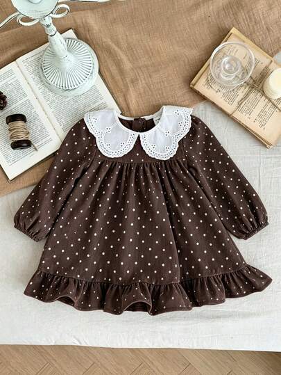 Young Girls Brown Polka Dot Lace Peter Pan Collar Long Sleeve Loose Ruffle Princess Dress